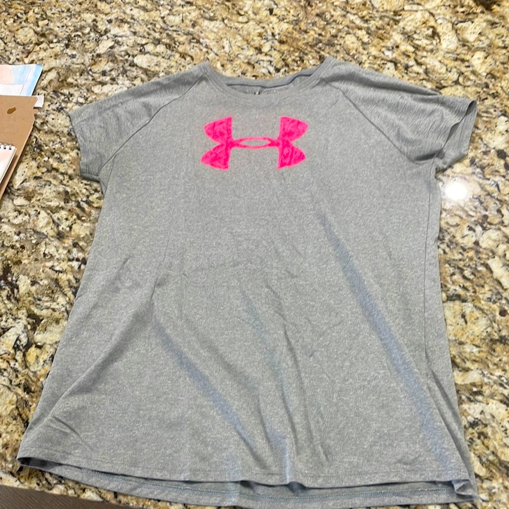 Kids XL grey and pink under armour shirt